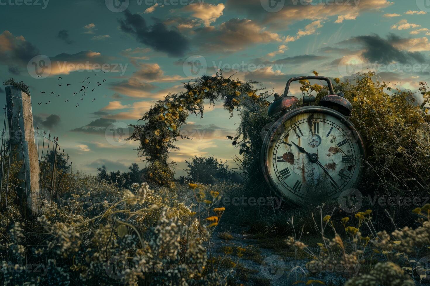 Old alarm clock covered in plants showing time passing by in nature photo