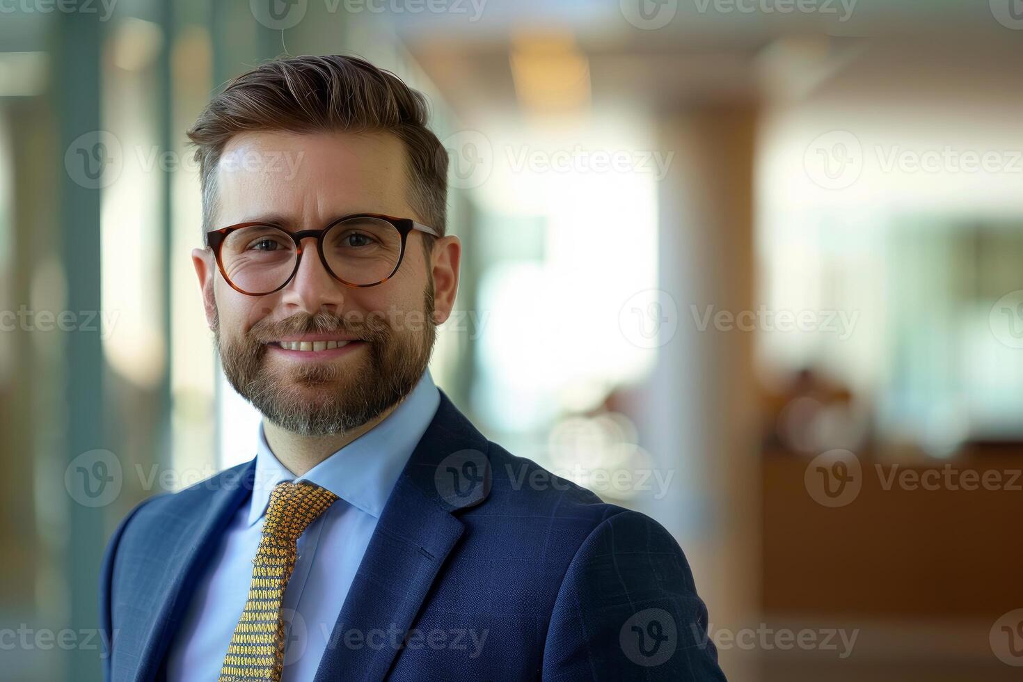Businessman smiling in modern office building lobby photo
