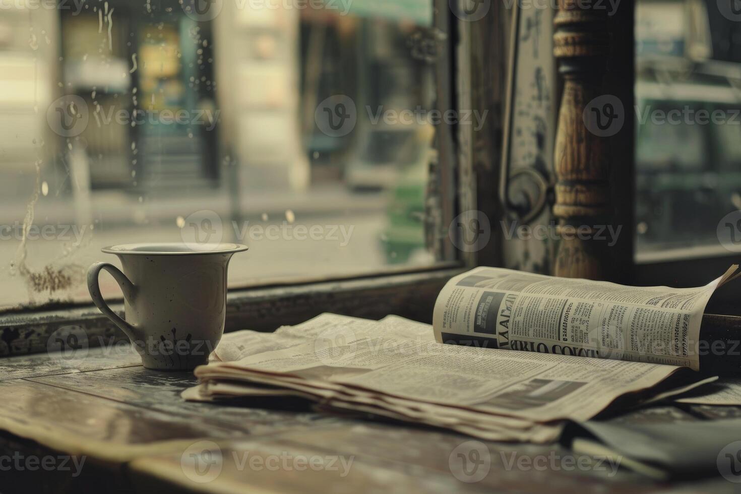 Steaming cup of coffee sitting next to newspaper by window on rainy day photo