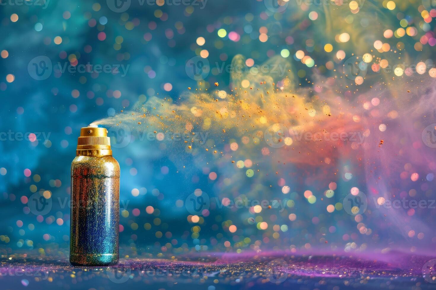 Golden spray can creating colorful explosion of glitter and smoke photo
