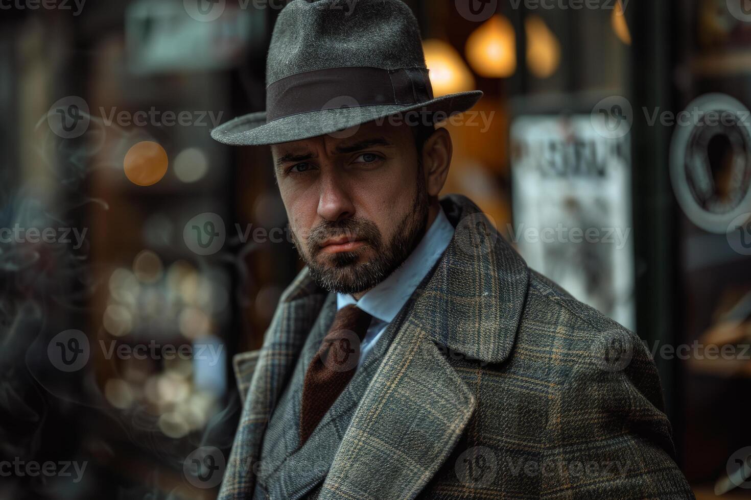 Serious bearded man with hat wearing suit posing in city photo