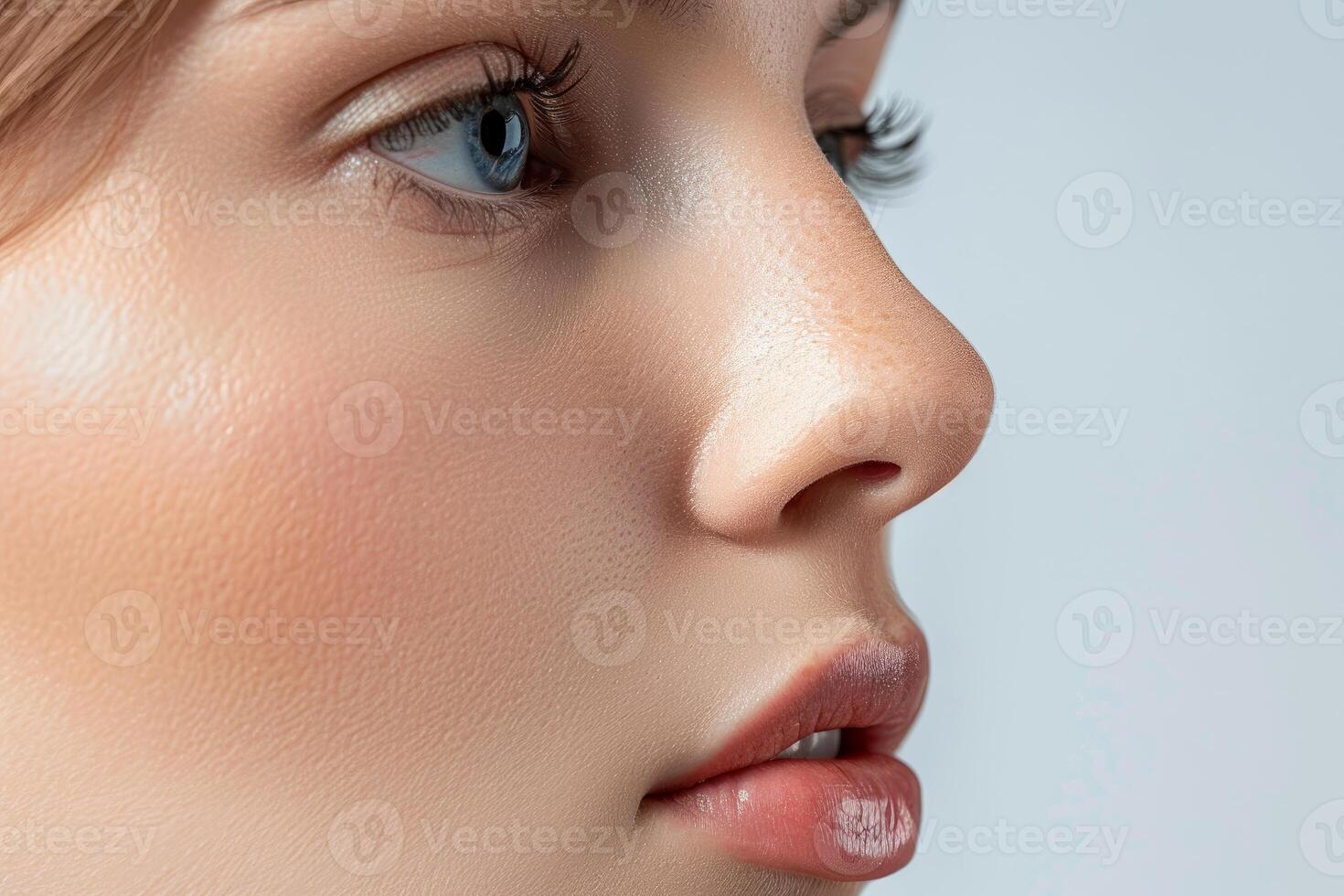 Young woman with freckles posing showing skin texture photo