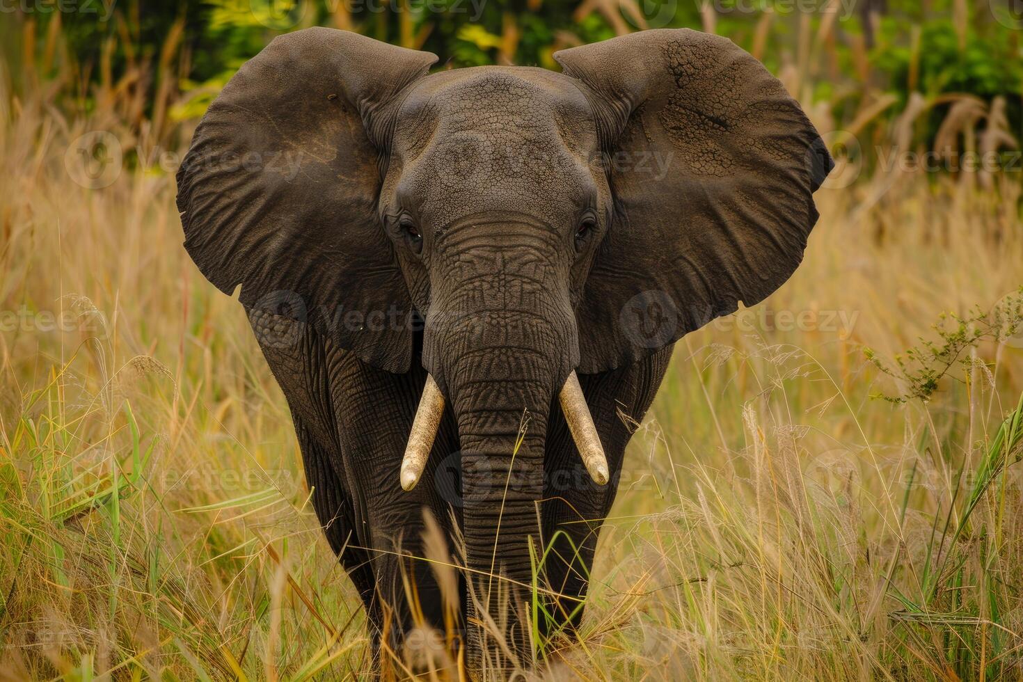 Large african elephant bull walking through tall grass photo