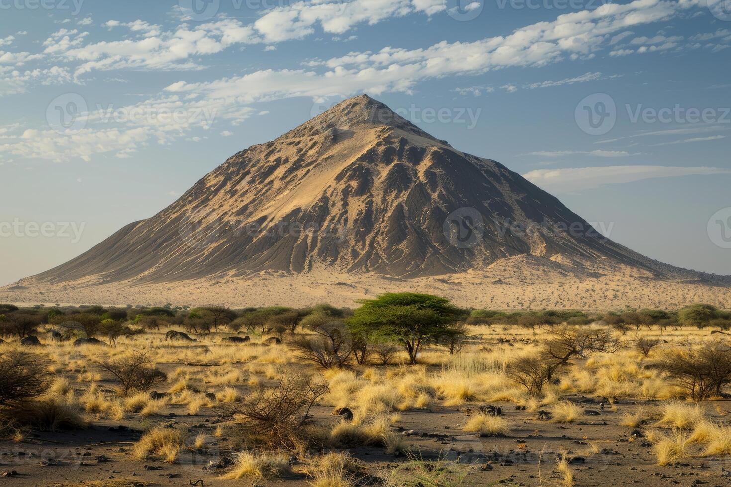 Black volcanic cone mountain dominating dry african savanna photo