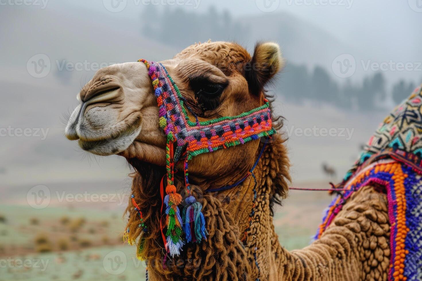 Camel wearing colorful knit halter standing in field photo