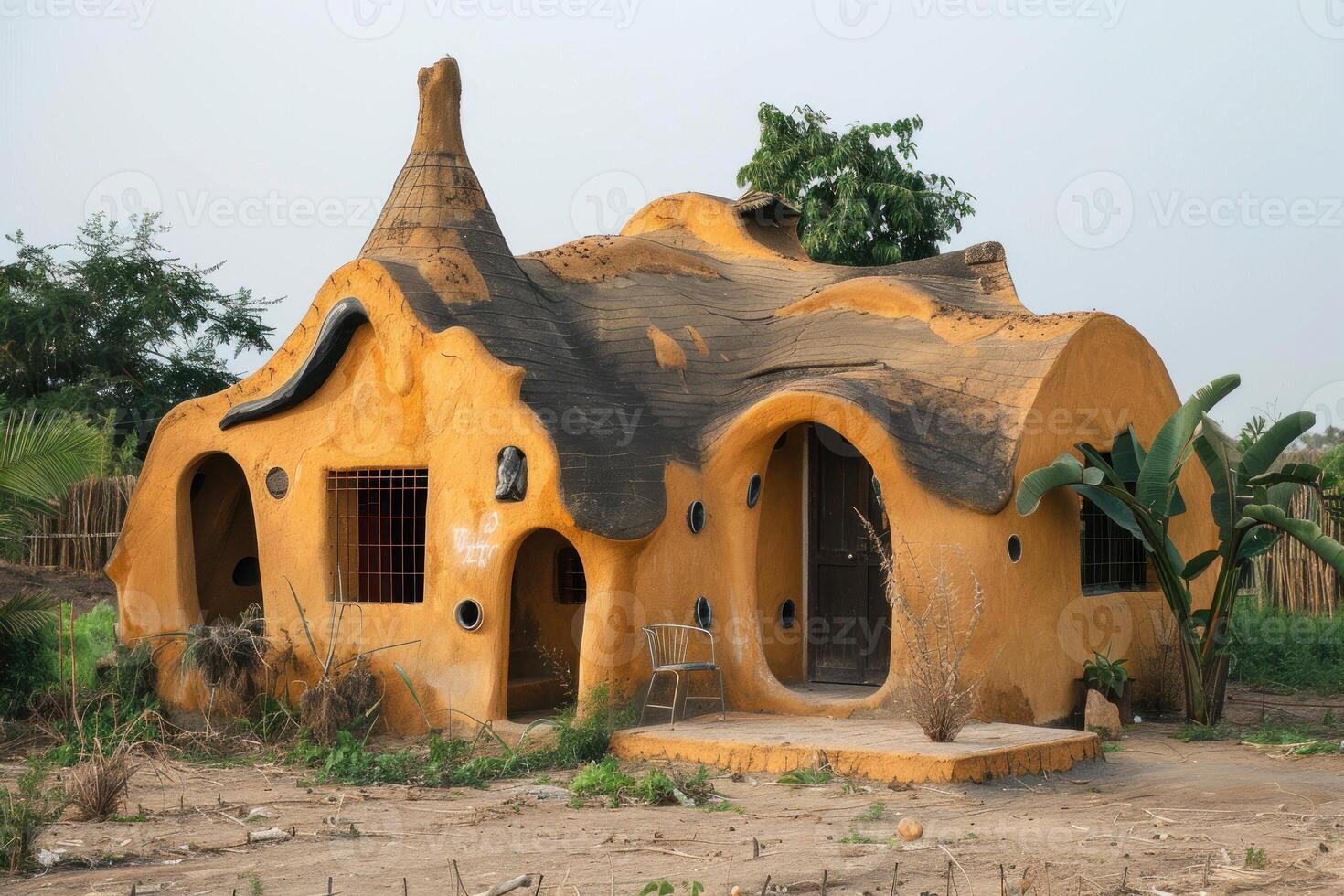 Unusual earthen rounded house standing on dry ground photo