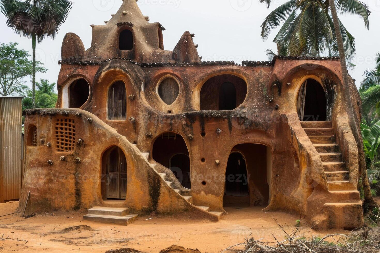 Traditional african house made of clay with palm trees in background photo