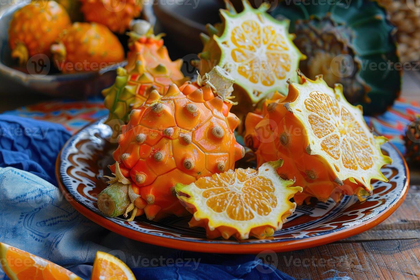Kiwano melon cut open on rustic plate with blue tablecloth photo