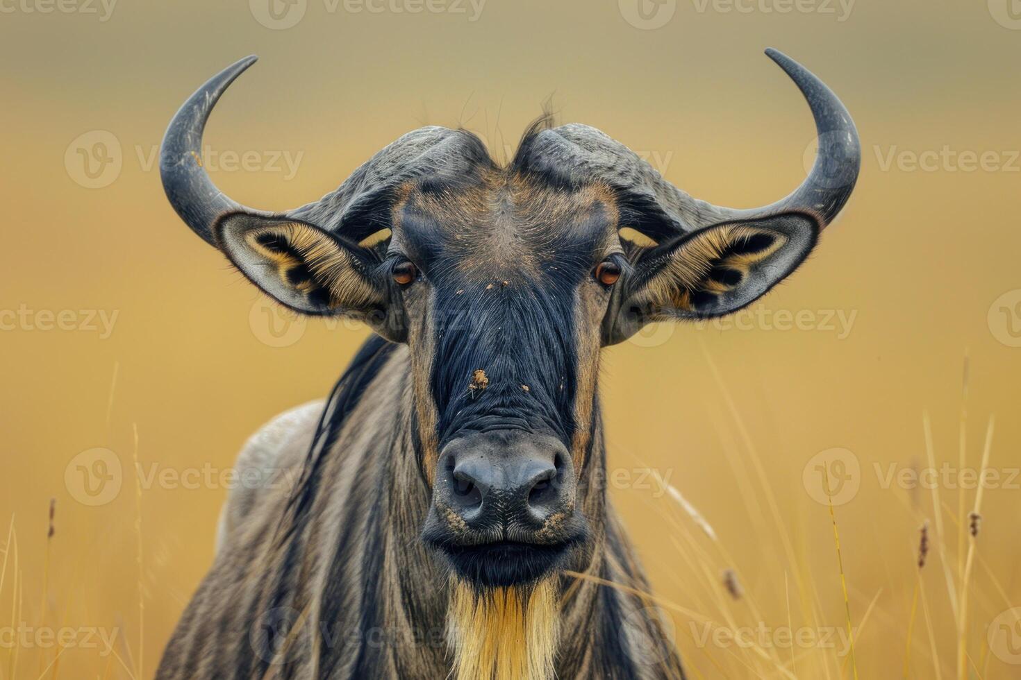 Majestic blue wildebeest posing in the african savanna photo