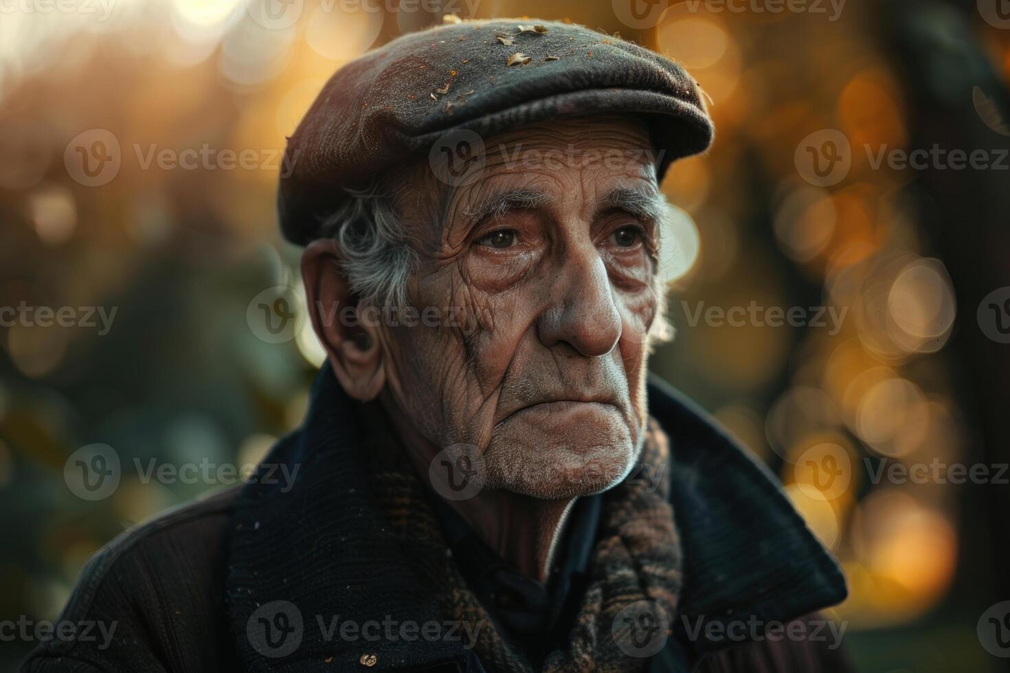 Senior farmer wearing flat cap looking worried in autumn photo