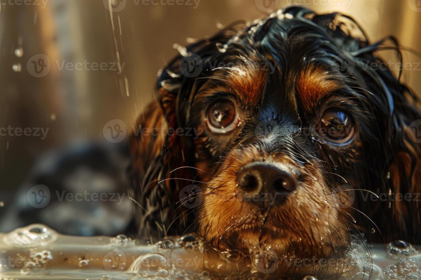 Wet cavalier king charles spaniel taking a bath photo