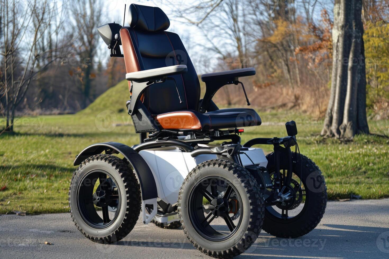 Modern electric wheelchair standing in park setting photo