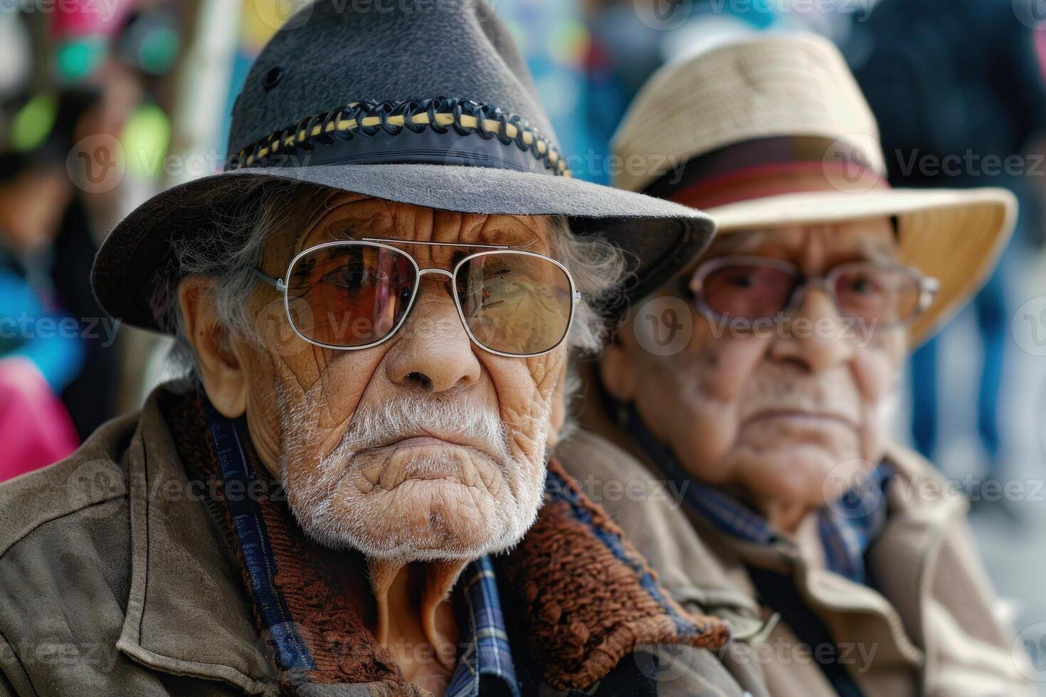 Two serious senior hispanic men wearing hats standing in a crowd photo