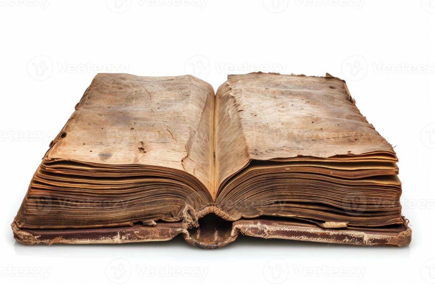 Open antique book showing aging paper and leather cover binding photo