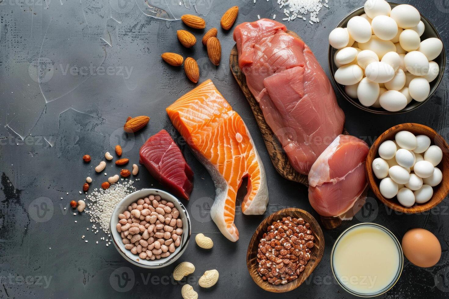 Ketogenic diet food ingredients lying on dark stone background photo