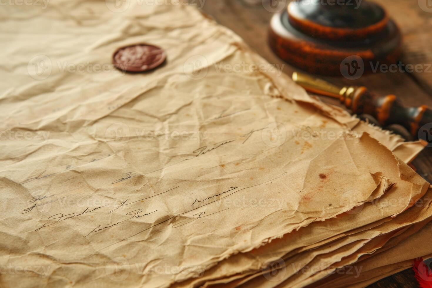Old crumpled paper document with wax seal and quill pen photo