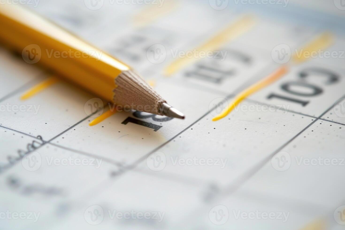 Pencil point resting on highlighted deadline date of calendar photo