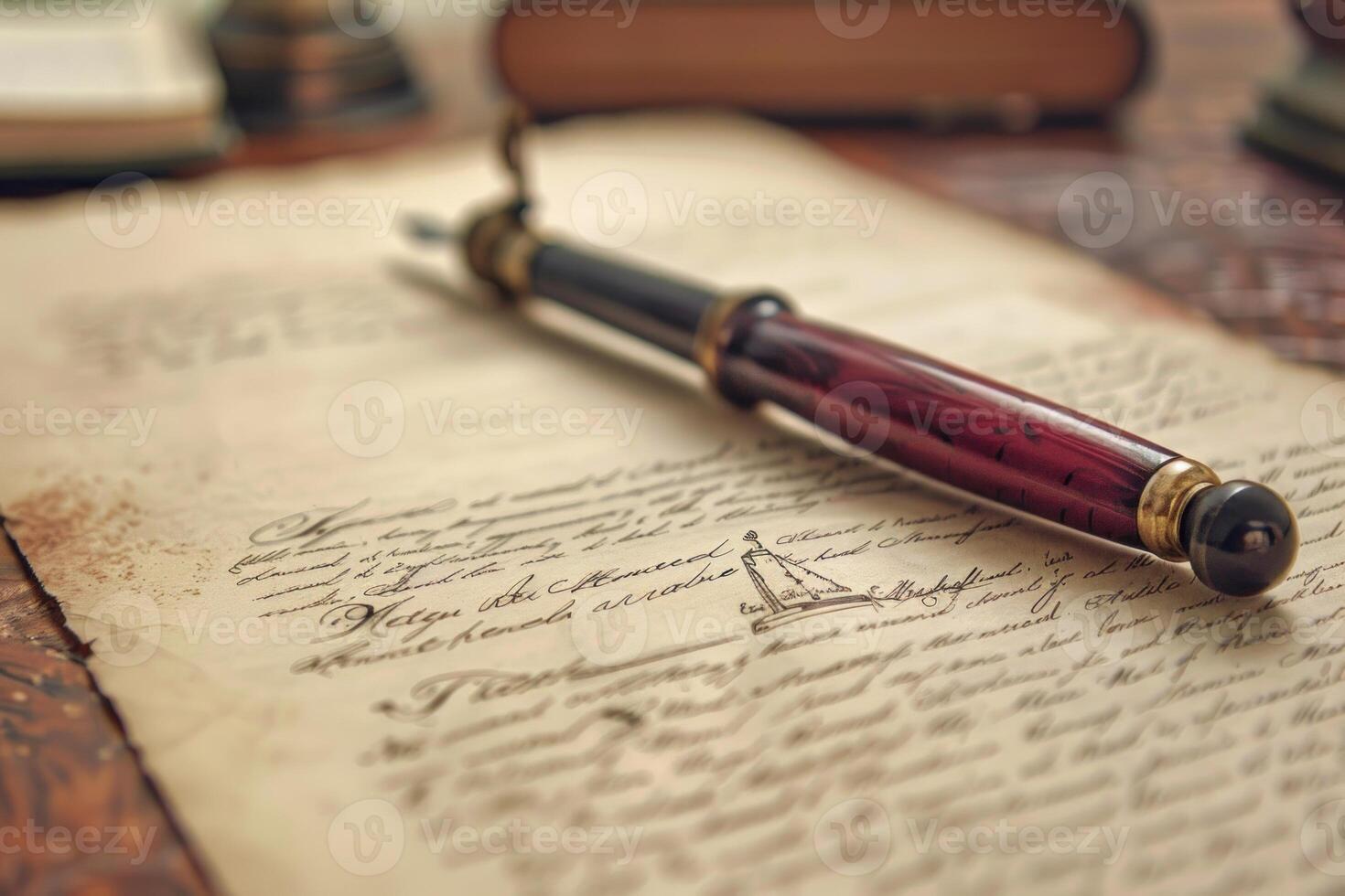 Elegant pen lying on antique handwritten letter with ship drawing photo
