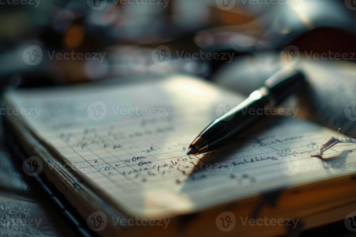 Pen resting on notebook full of handwriting photo