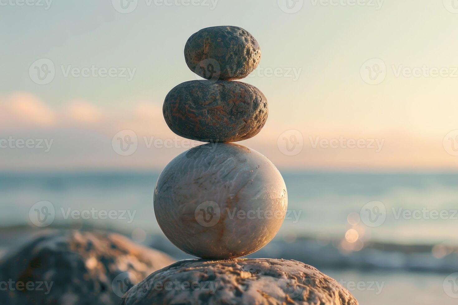 Stack of round zen stones balancing on beach at sunset photo