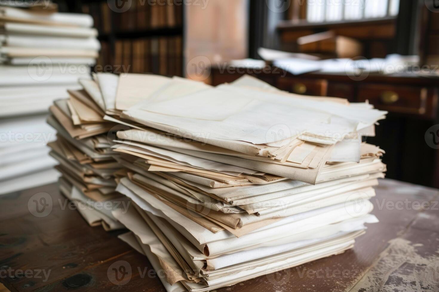 Stack of old papers gathering dust in an archive photo