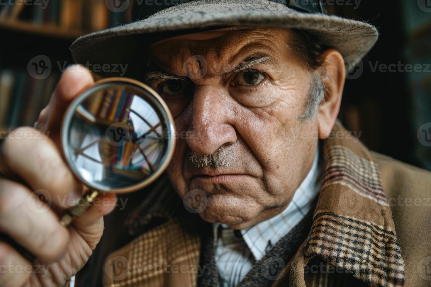 Senior detective investigating crime with magnifying glass photo