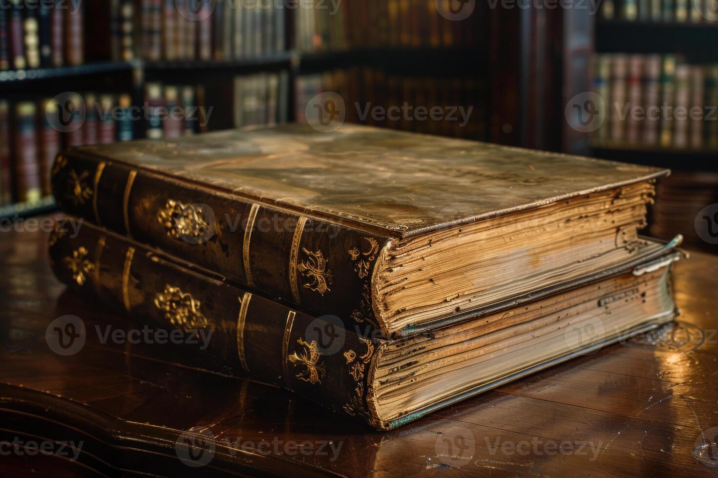 Two antique leather bound books resting on desk in library photo