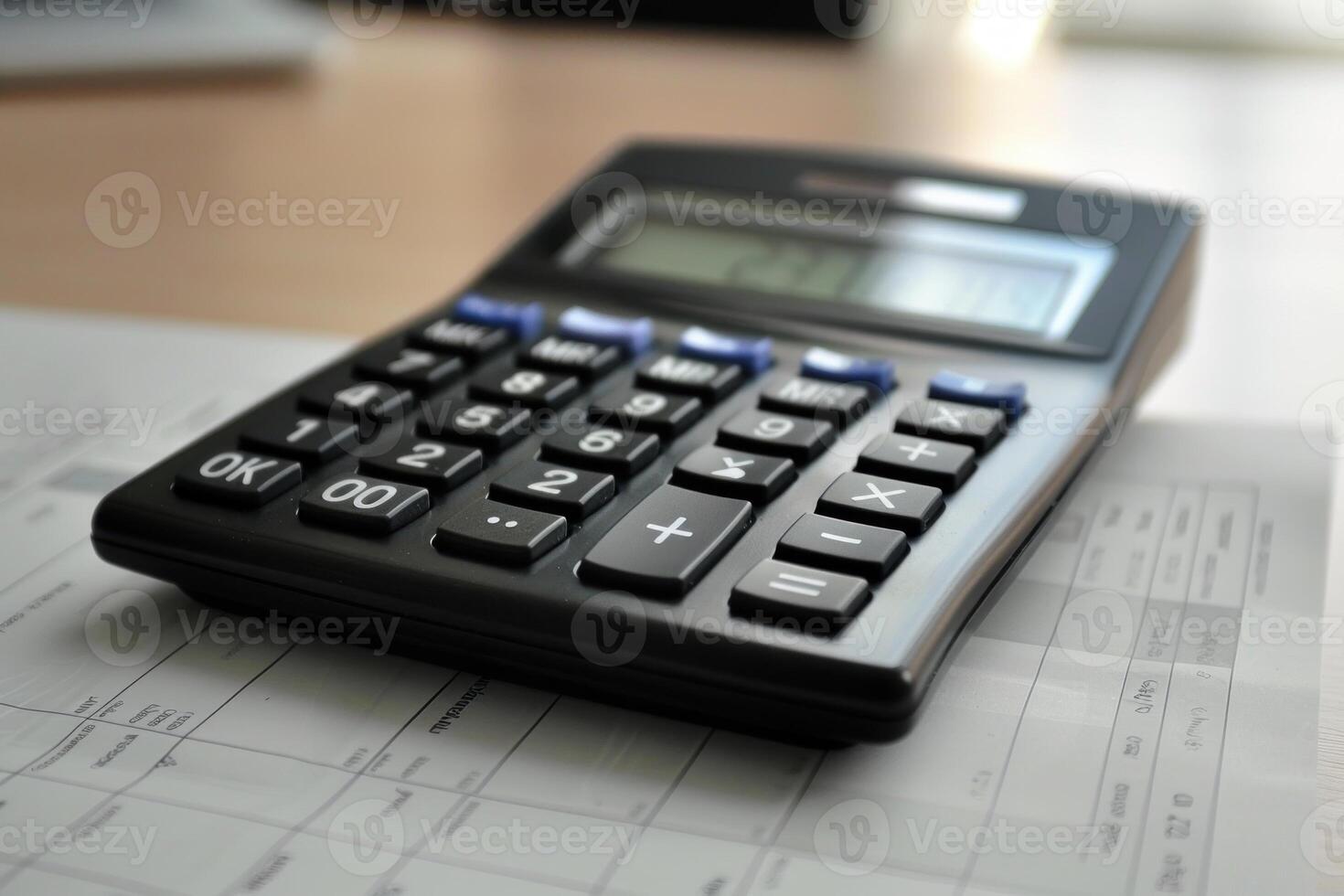 Black calculator lying on spreadsheet with numbers on wooden desk photo