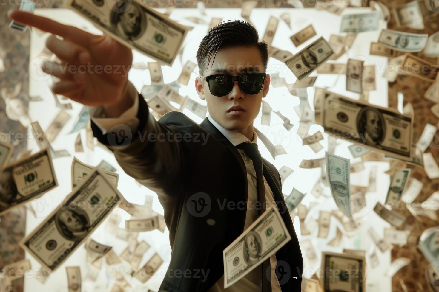 Businessman is pointing with dollar bills raining down on him photo