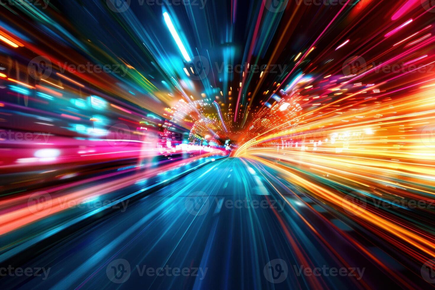 Abstract speeding in city with light trails at night photo