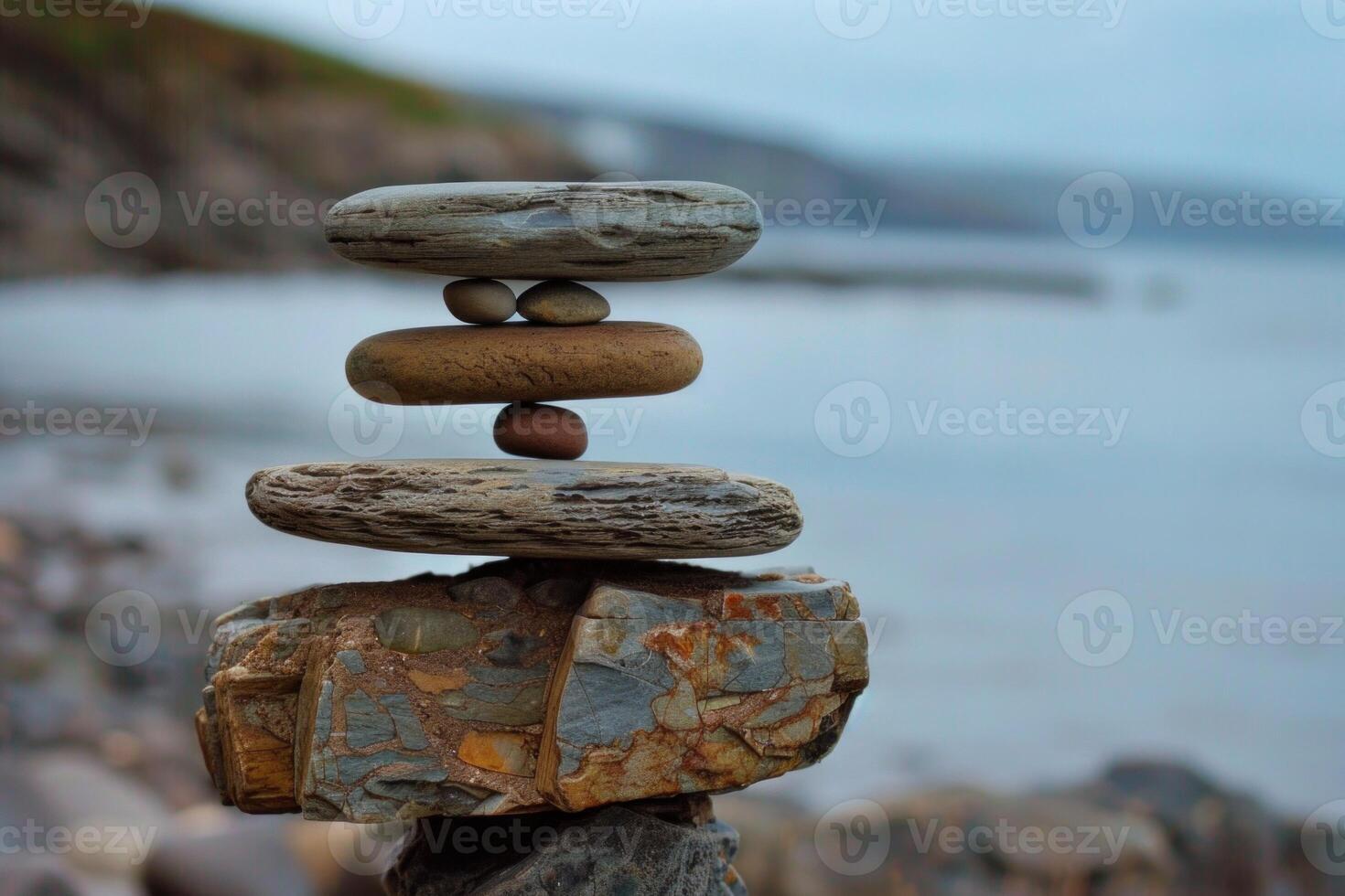 Stack of zen stones balancing on the coast in front of the ocean photo