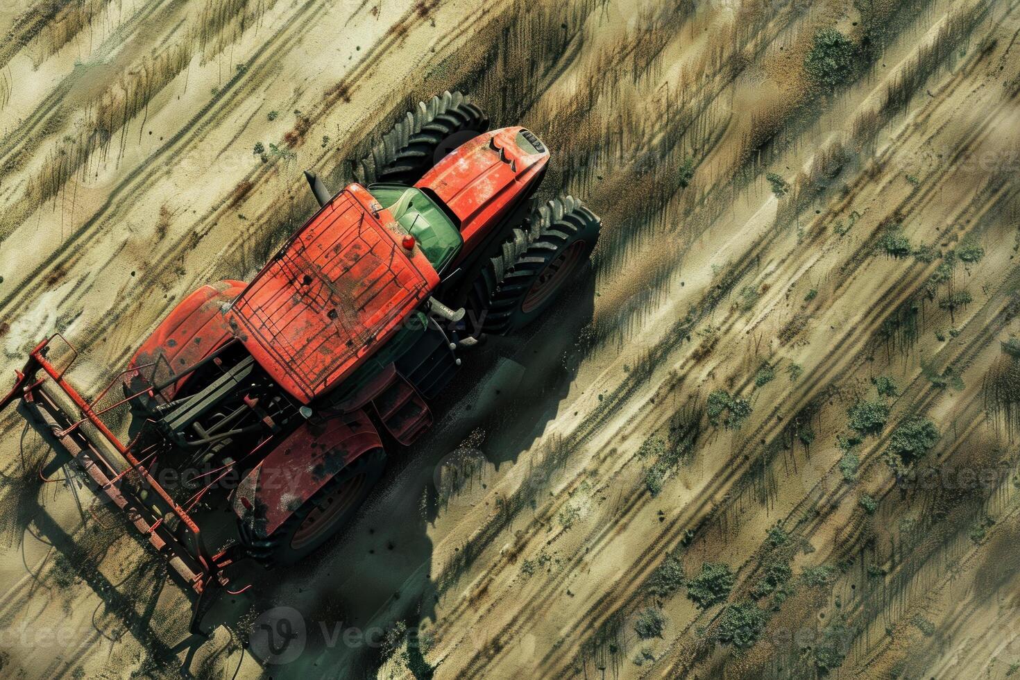Red tractor plowing dry field top down aerial view photo