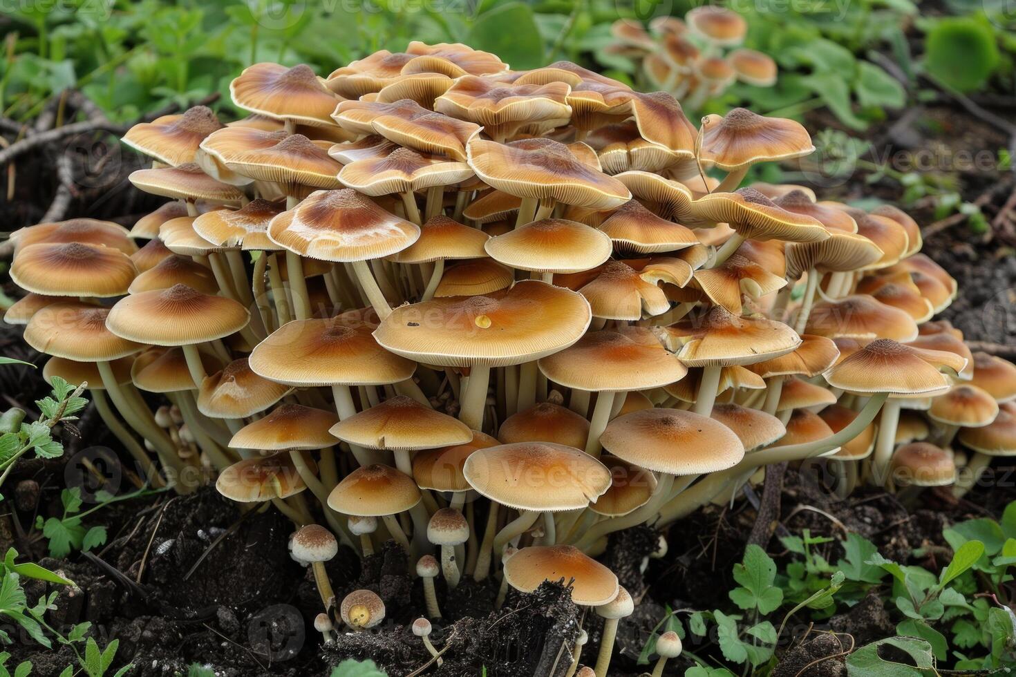 Cluster of mushrooms growing wild in the forest photo