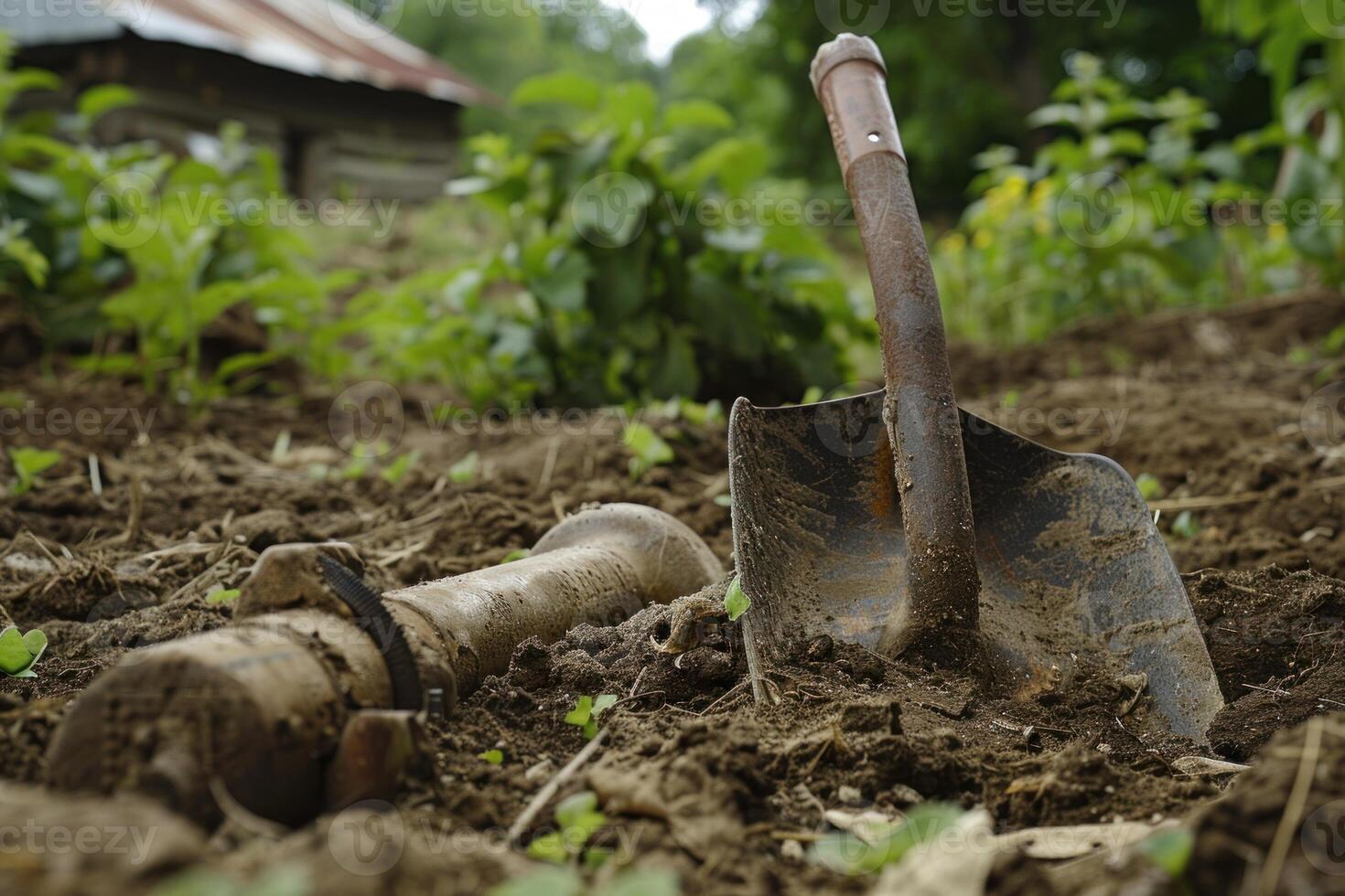 Farmer leaving shovel and irrigation pipe on the field after work photo