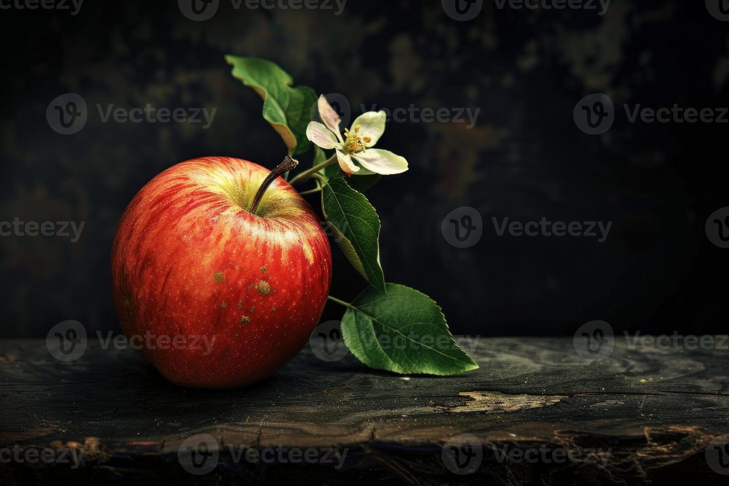 Red apple with flower resting on rustic wooden surface photo