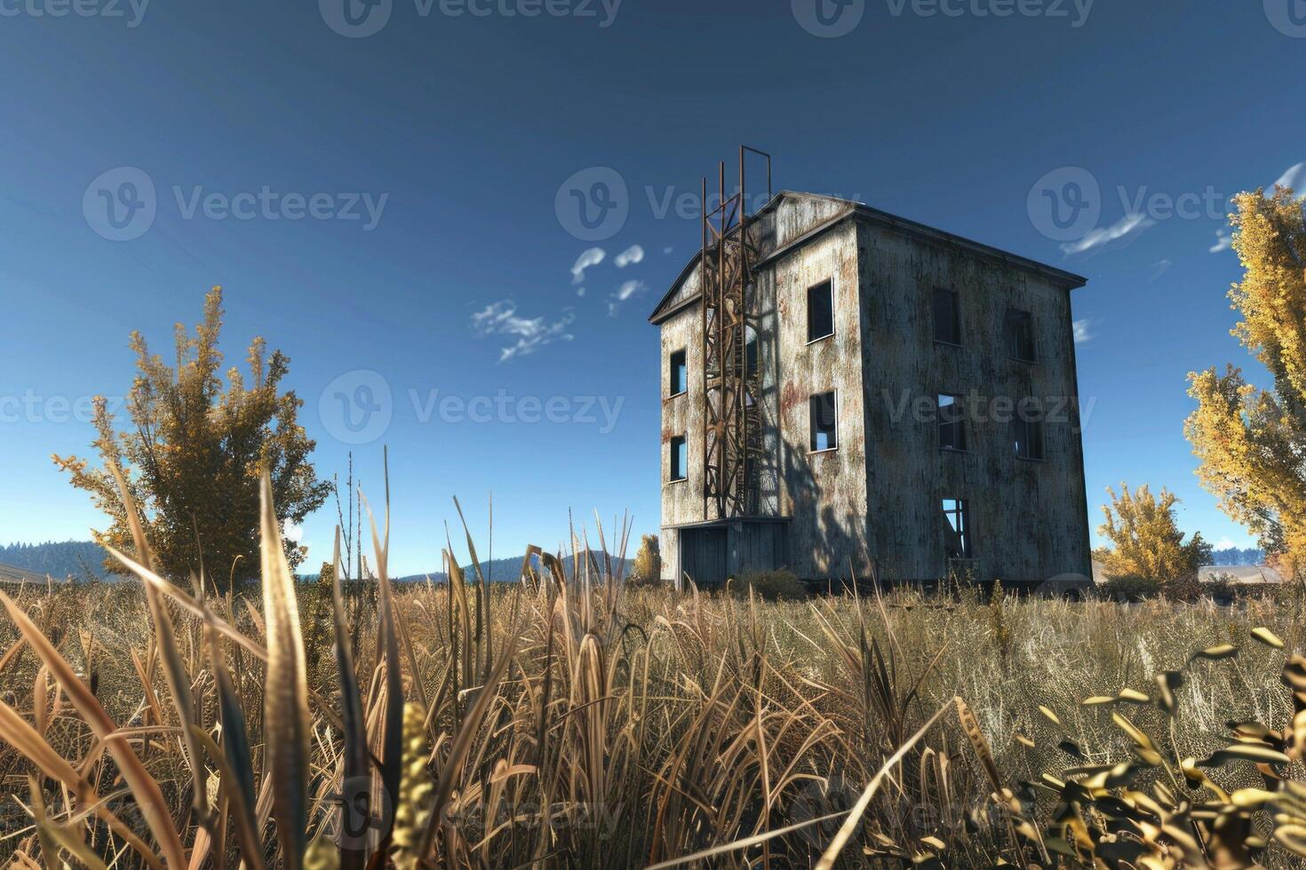 Abandoned building crumbling under a blue sky photo