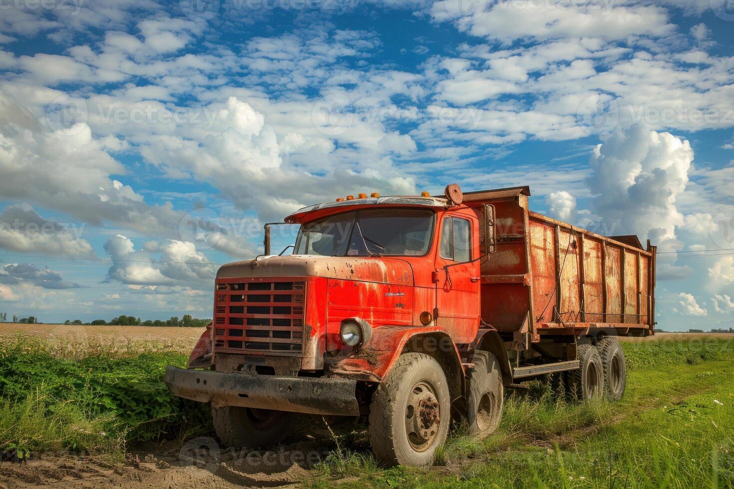 Old red dump truck resting in field under cloudy sky photo