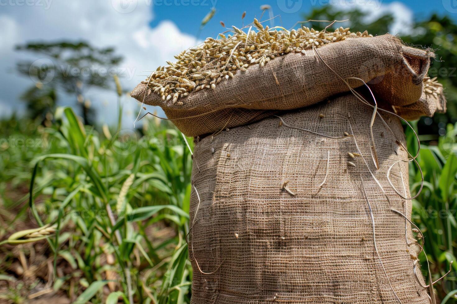 Burlap sack overflowing with harvested sorghum grain in field photo