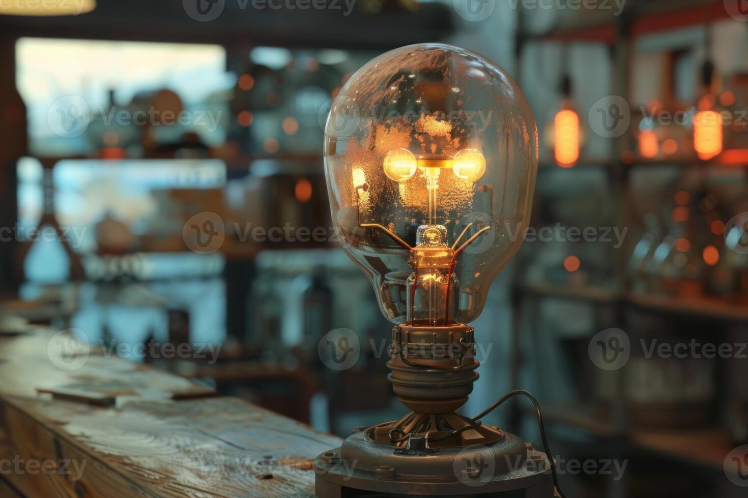 Large vintage filament lightbulb glowing in workshop photo