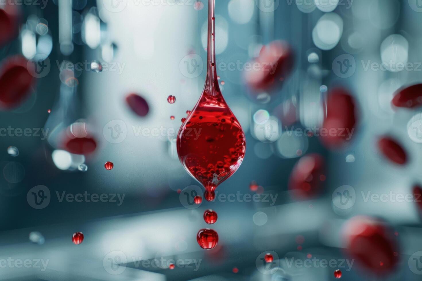 Red liquid dripping and forming drops on a blurred background photo