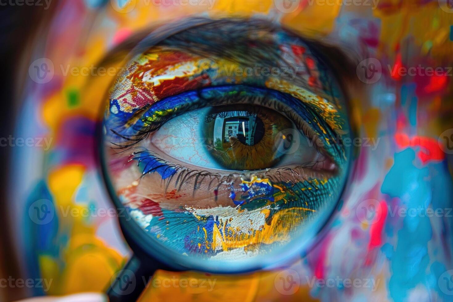Woman with face paint looking through magnifying glass photo