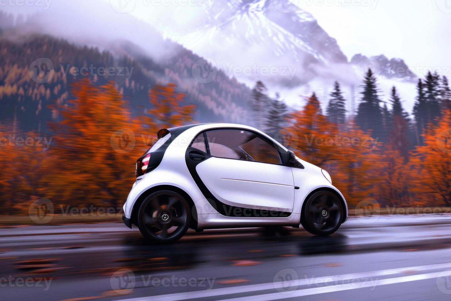 White compact electric car driving on road near forest in autumn photo