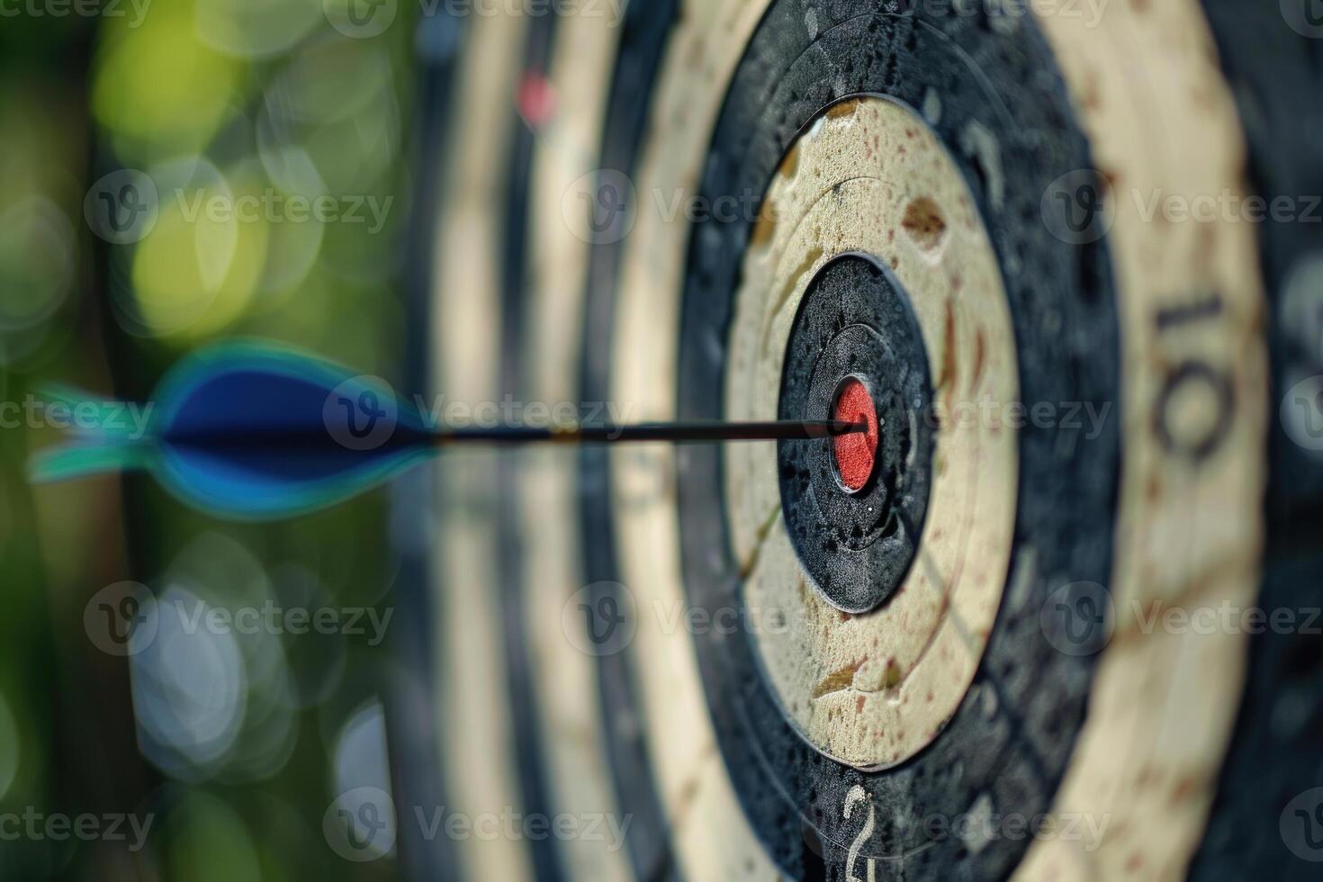 Arrow hitting the center of an old target, achieving a goal photo