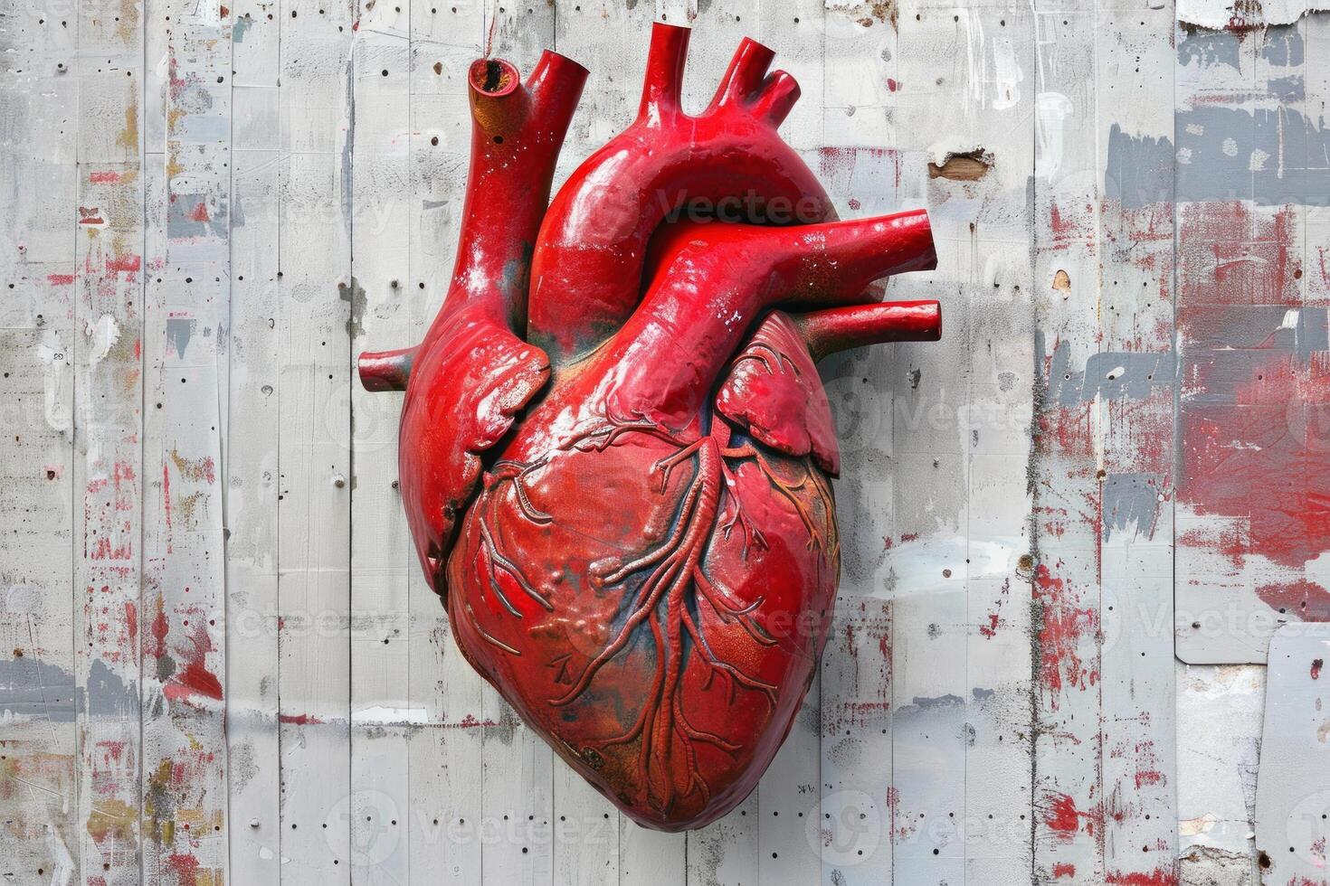 Anatomical heart sculpture hanging on a distressed wall photo
