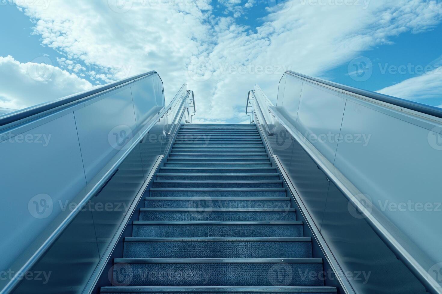 Escalator leading to a cloudy blue sky representing success photo