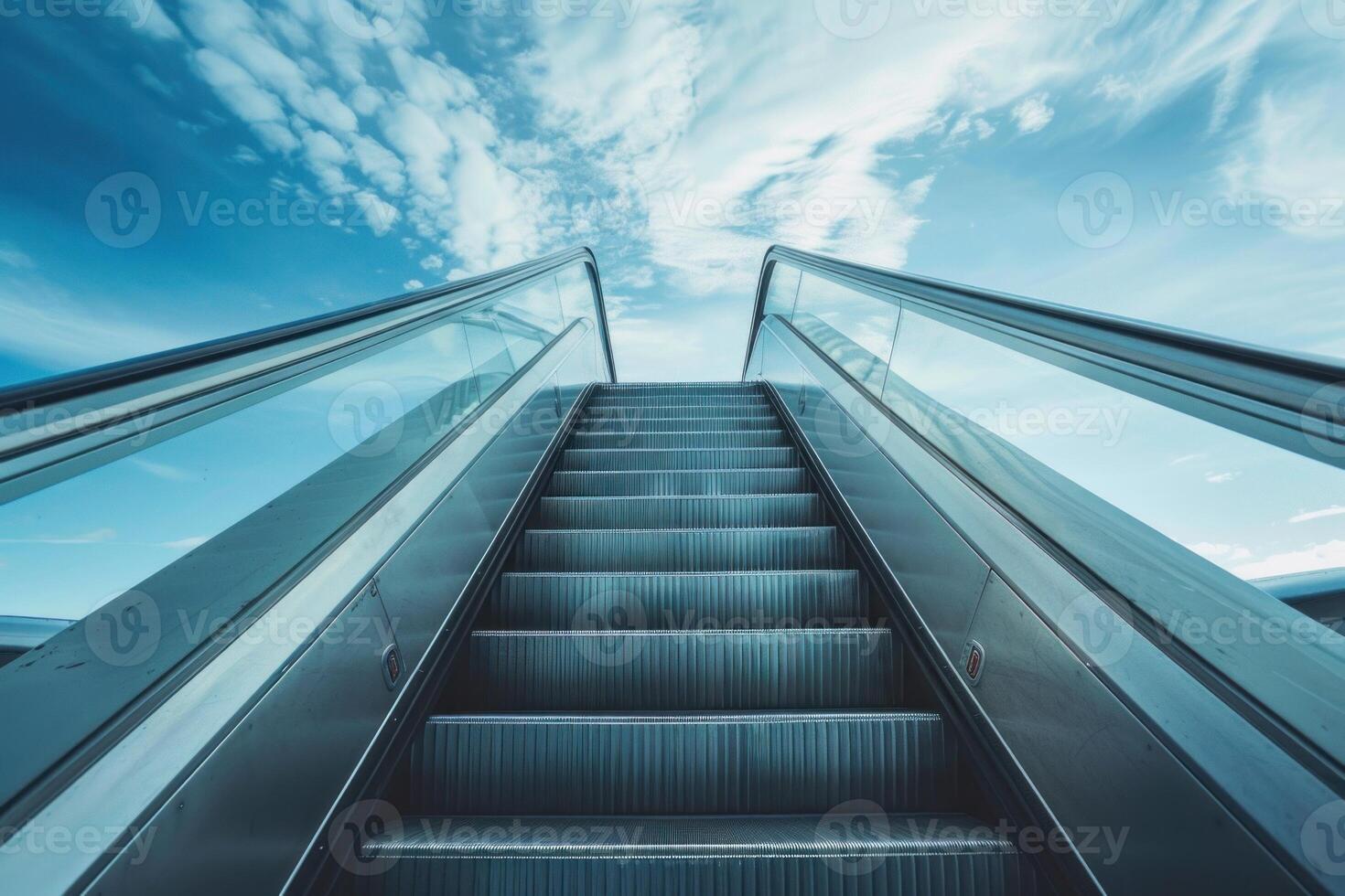Modern escalator going up into a blue sky with clouds photo
