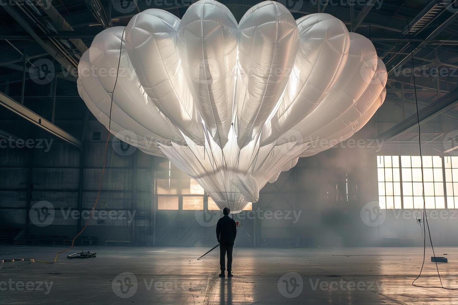 Engineer standing in aircraft hangar looking at weather balloon photo