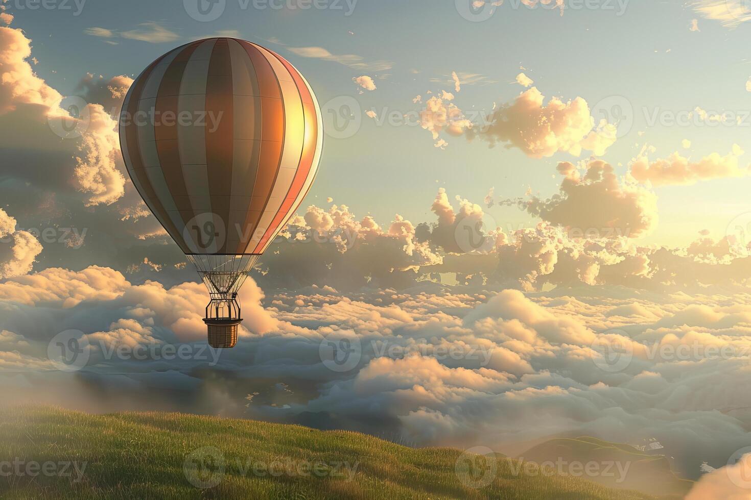 Hot air balloon flying above clouds during golden hour sunset photo