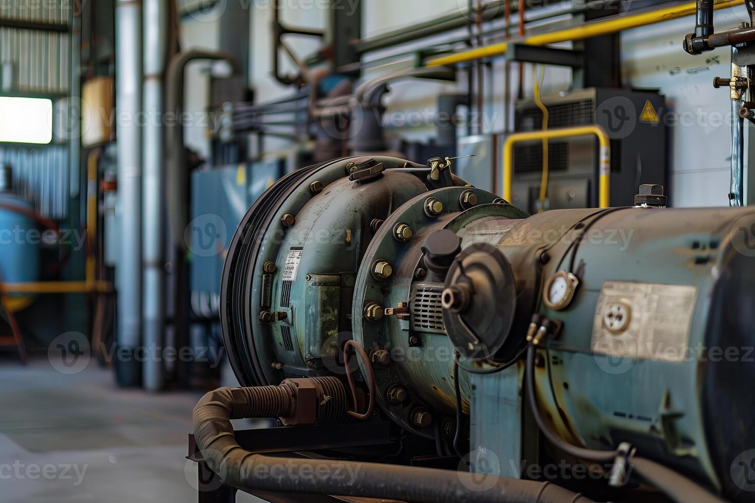 Industrial air compressor operating in a factory setting photo