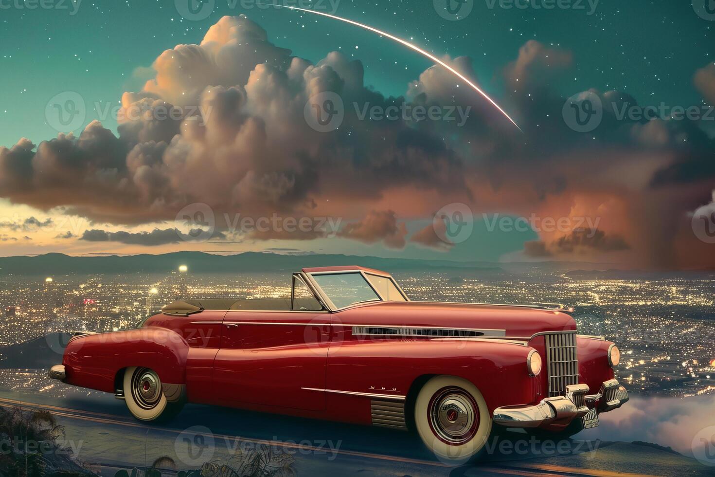 Classic red convertible car parked overlooking city lights at night with shooting star photo